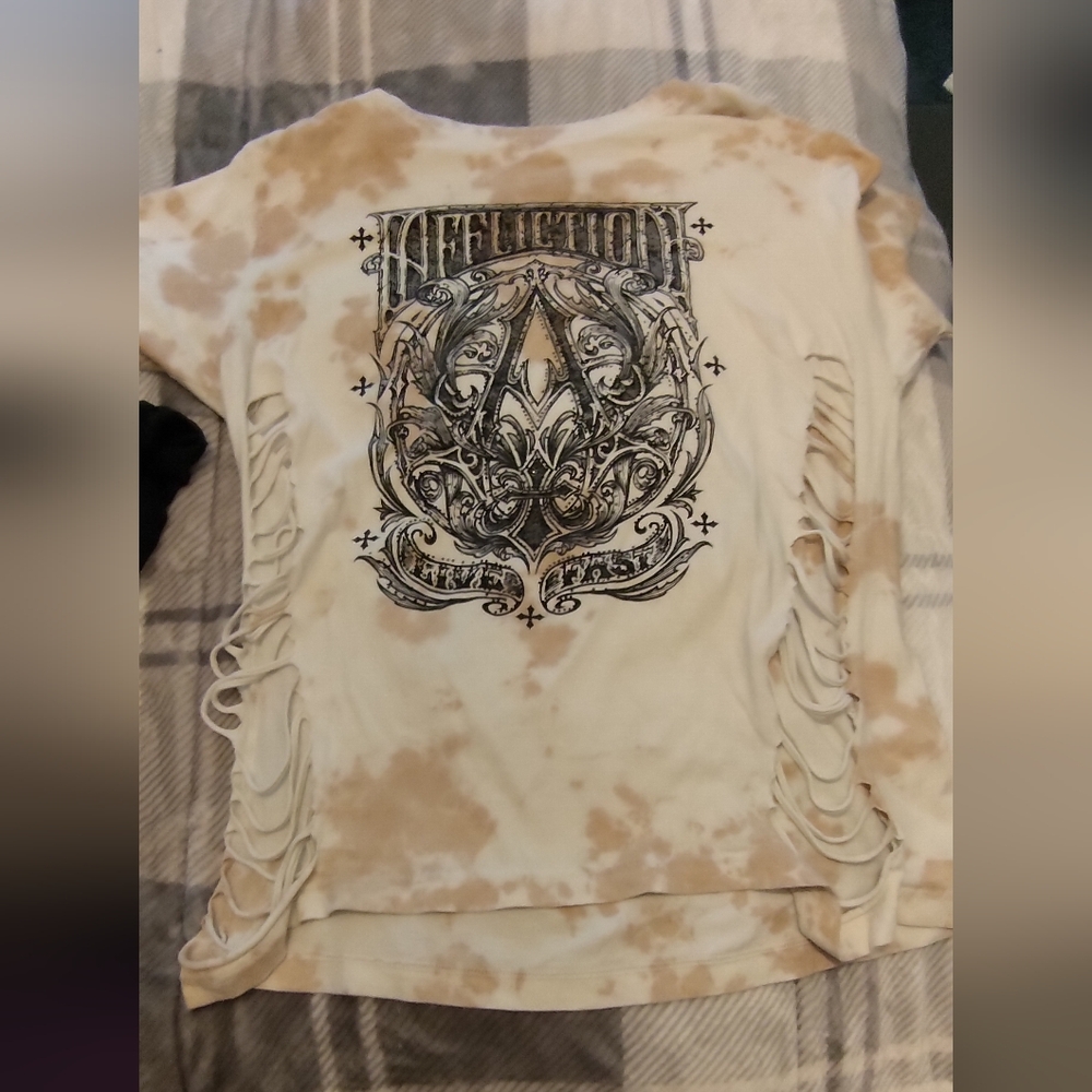 Affliction Women's Beige Tie-Dye Distressed Logo Top